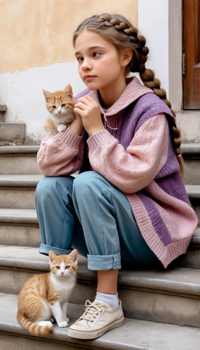 Girl with kitten sitting on steps in soft pastel illustration
