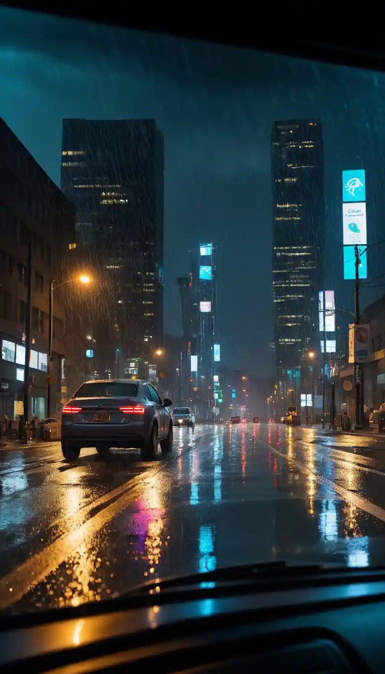 Night city street seen through rainy car window