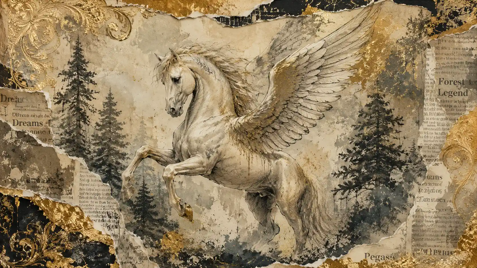 Elegant pegasus illustration in a mystical fantasy forest