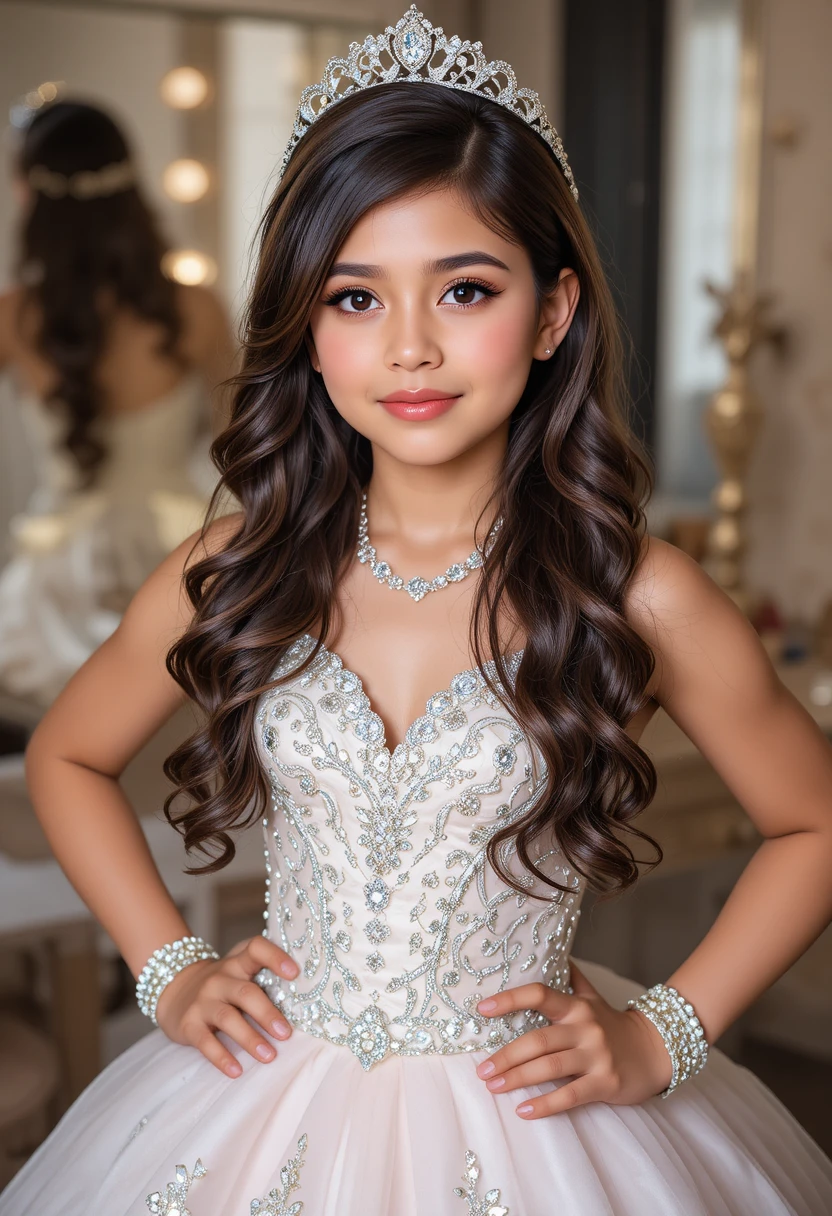 Menino com vestido de quinceañera posando diante da penteadeira