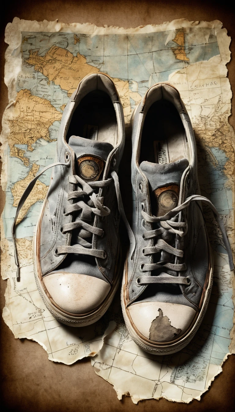 Vecchie sneakers su una mappa strappata in un misterioso collage nuvoloso