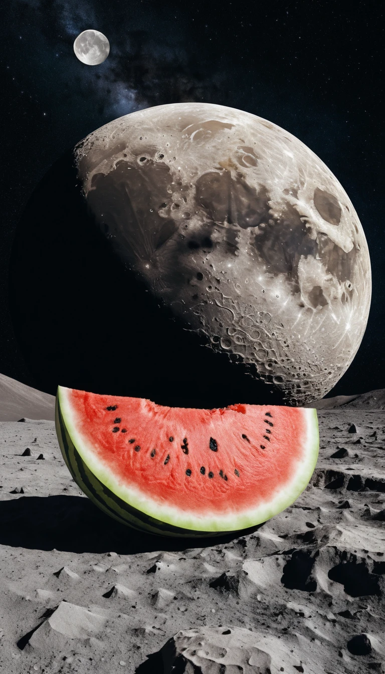 Luna surreal en el espacio que revela una rodaja de sandía
