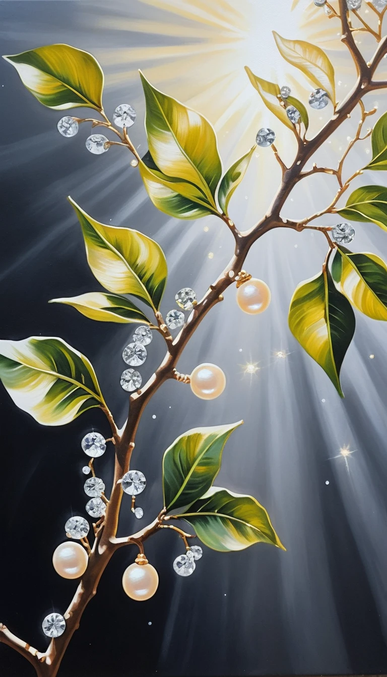 陽光下佈滿珍珠樹枝的壓克力畫