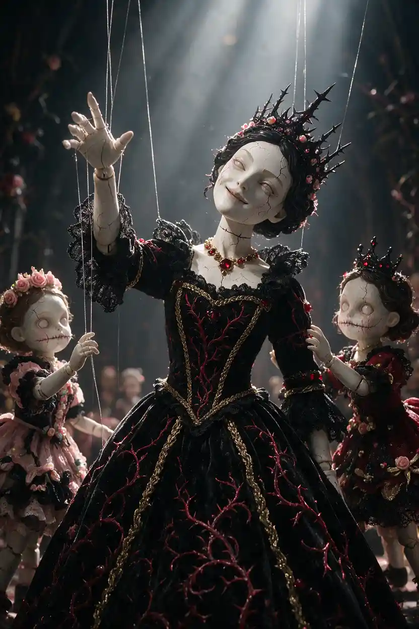 Gothic puppet queen framed by eerie porcelain dolls