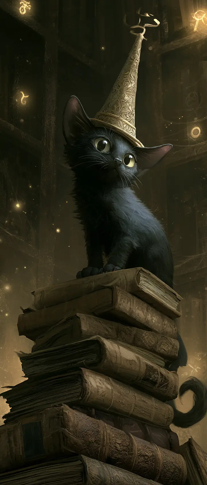發光奧術奇幻圖書館中的黑貓魔法師