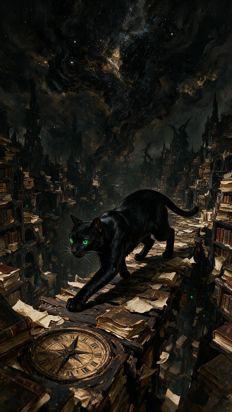 Mystische schwarze Katze streift durch eine zerfallende Bücherstadt