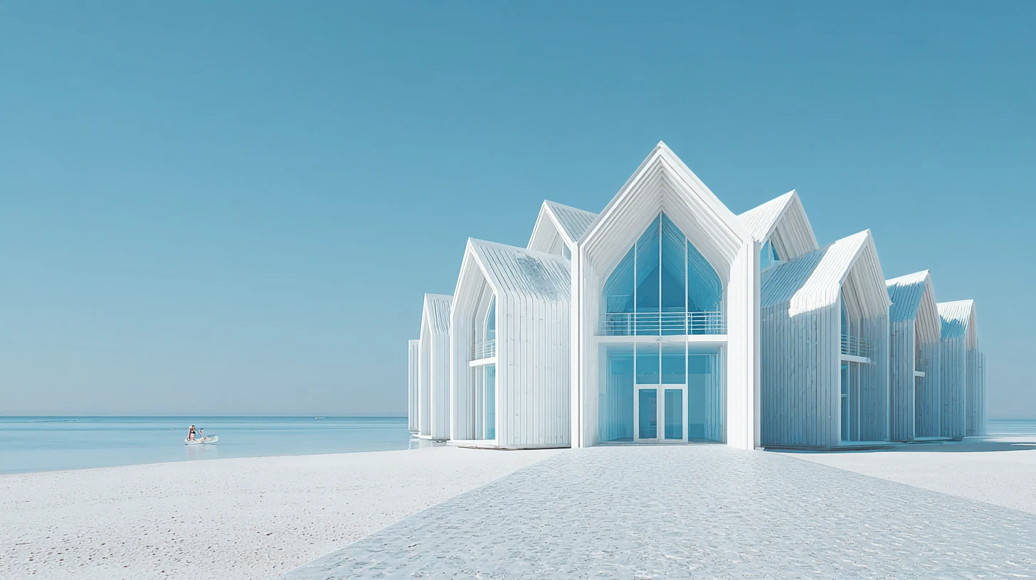 Biblioteca submersa surreal surgindo de um misterioso mar azul