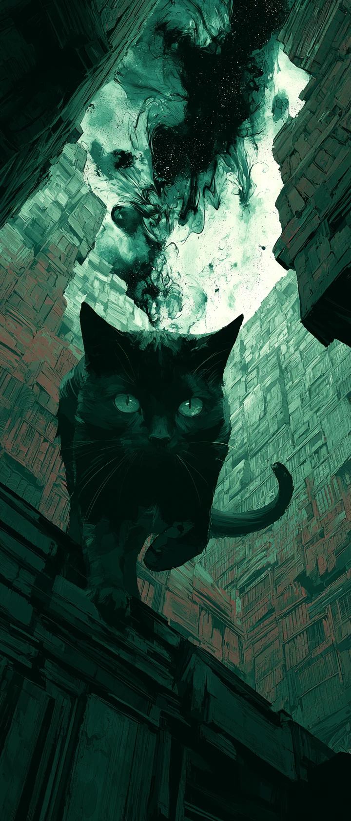Obsidian cat stalking through a labyrinth of crumbling books