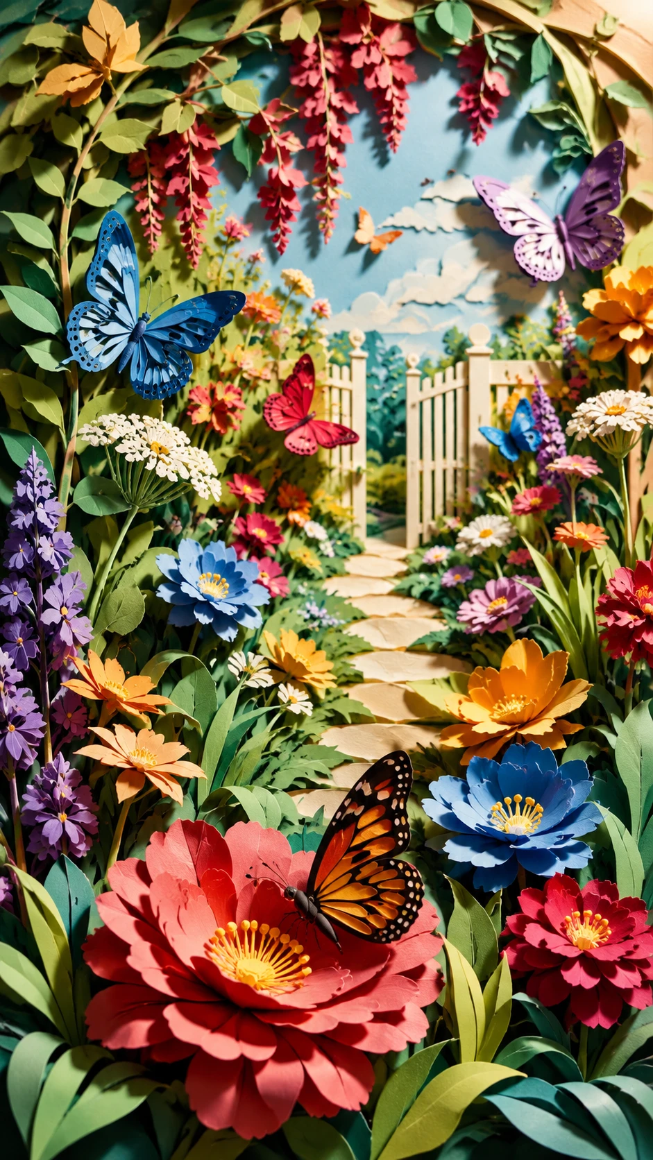 Sonnendurchfluteter Papiergarten voller bunter Sommerblumen