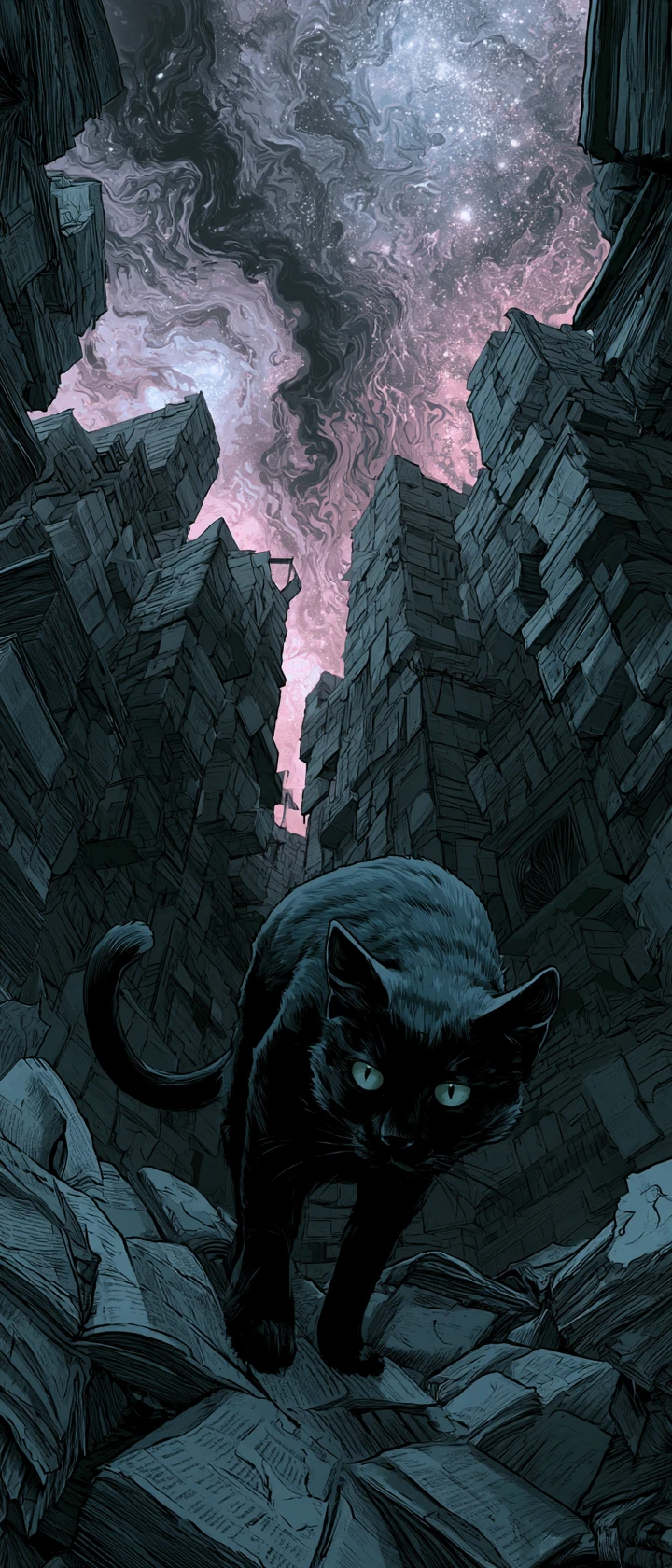 Gato de obsidiana espreitando por um labirinto de livros antigos