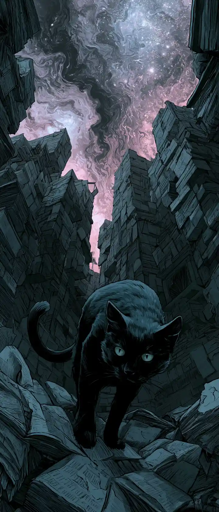 Gato de obsidiana espreitando por um labirinto de livros antigos