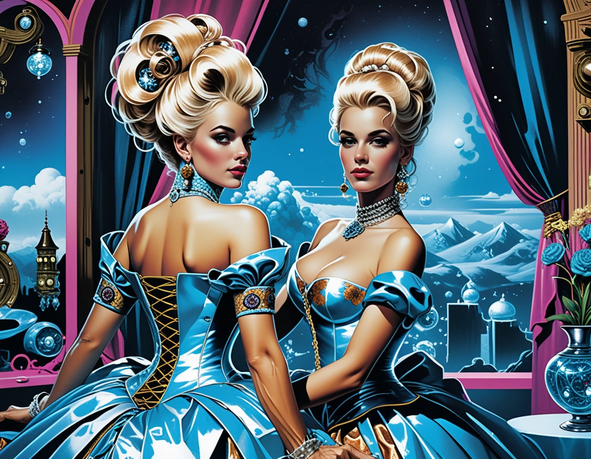 Fantasy courtesan in rococo corset in opulent boudoir