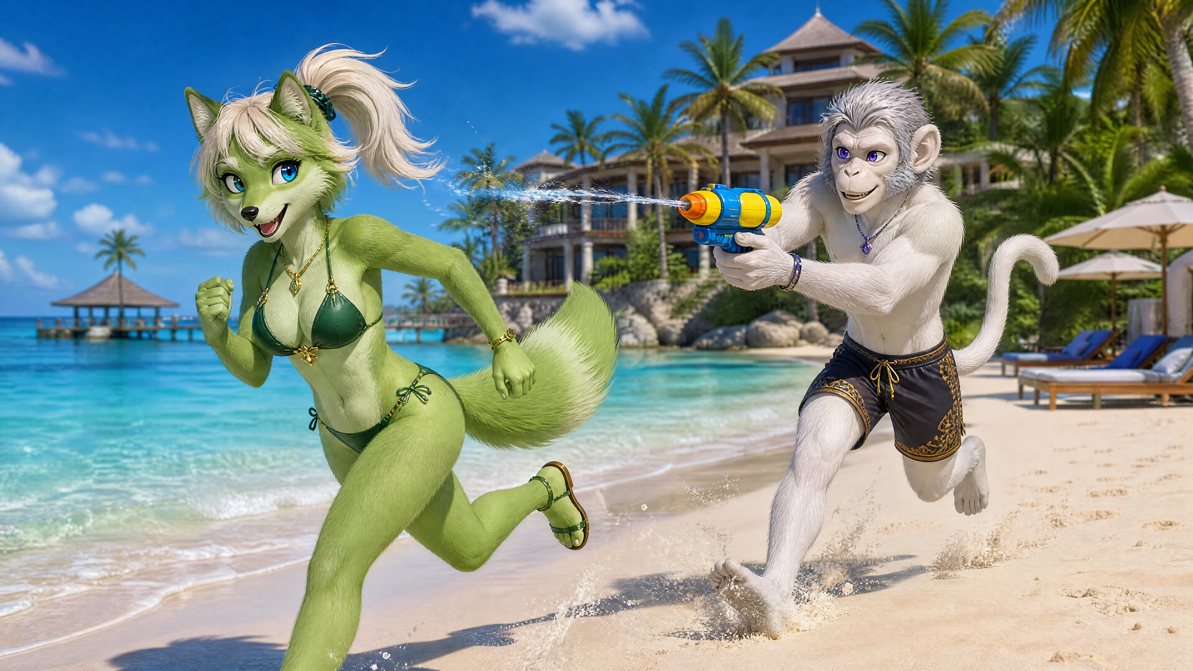 Coppia anthro che gioca con pistole ad acqua su una spiaggia tropicale