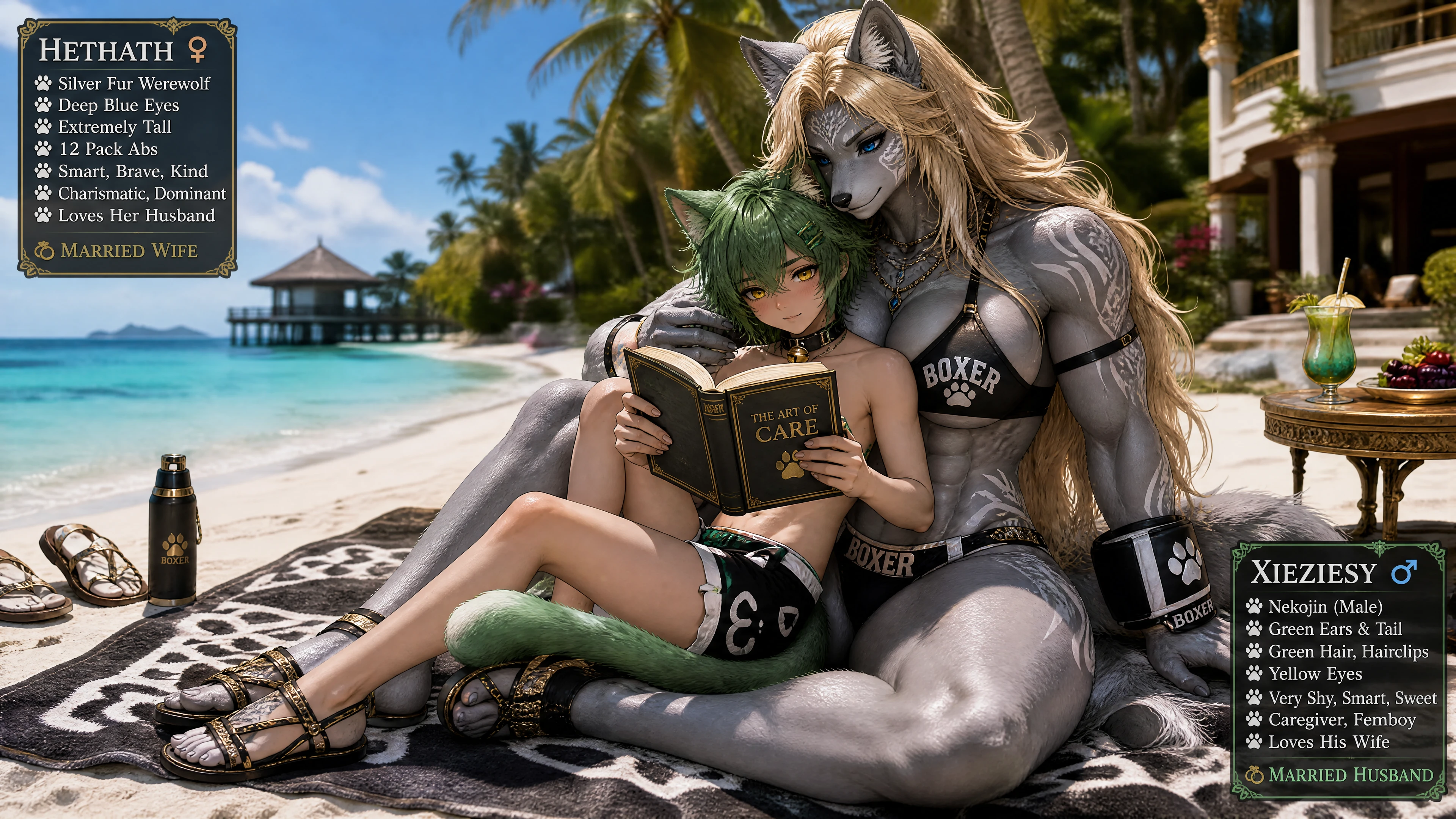 Alta donna fantasy che coccola un timido ragazzo-gatto sulla spiaggia
