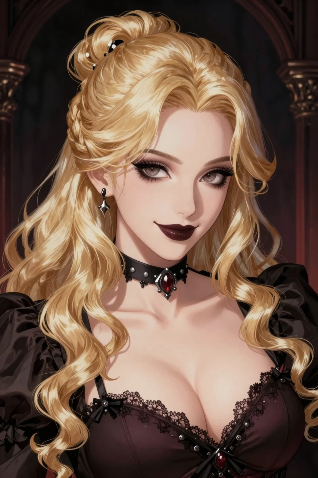 Gotische Anime-Frau mit langem blondem Haar und Halsband