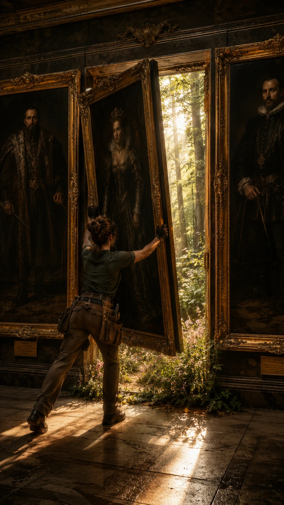 Woman lifting museum triptych to reveal sunlit forest