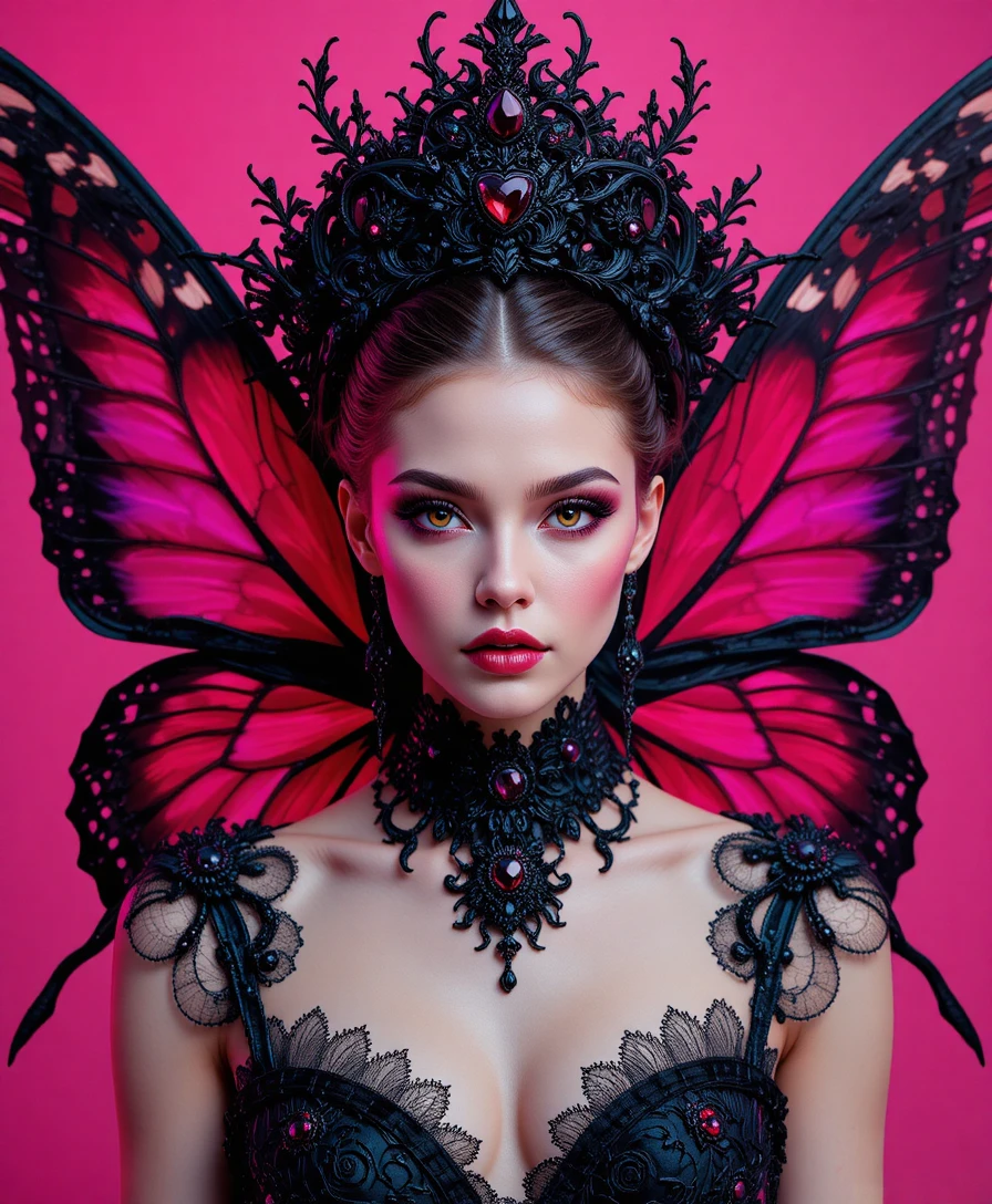 Gothic butterfly queen portrait against vivid pink background