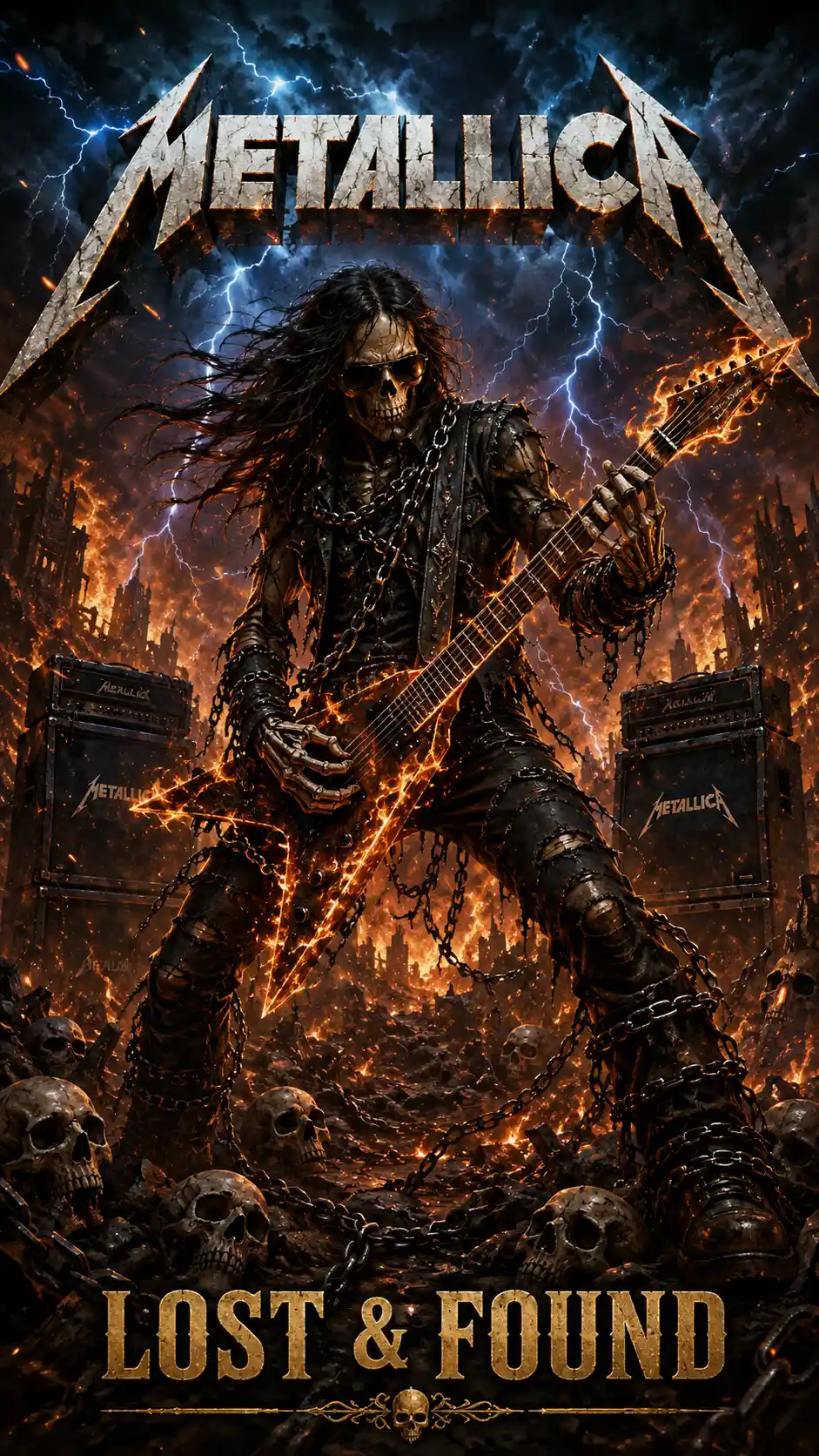 Rocker squelettique jouant une guitare flamboyante dans des flammes apocalyptiques