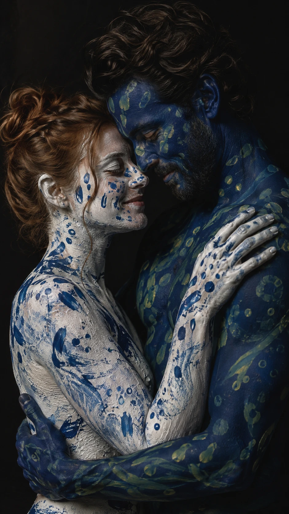 Couple peint s’enlaçant dans un portrait artistique intime