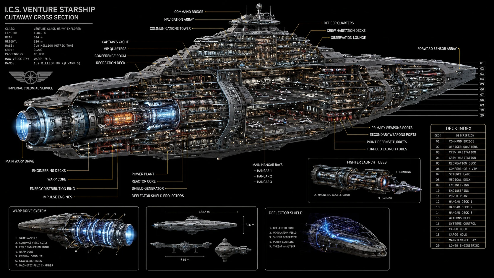 Secção transversal em corte de uma nave espacial gigante com vários decks