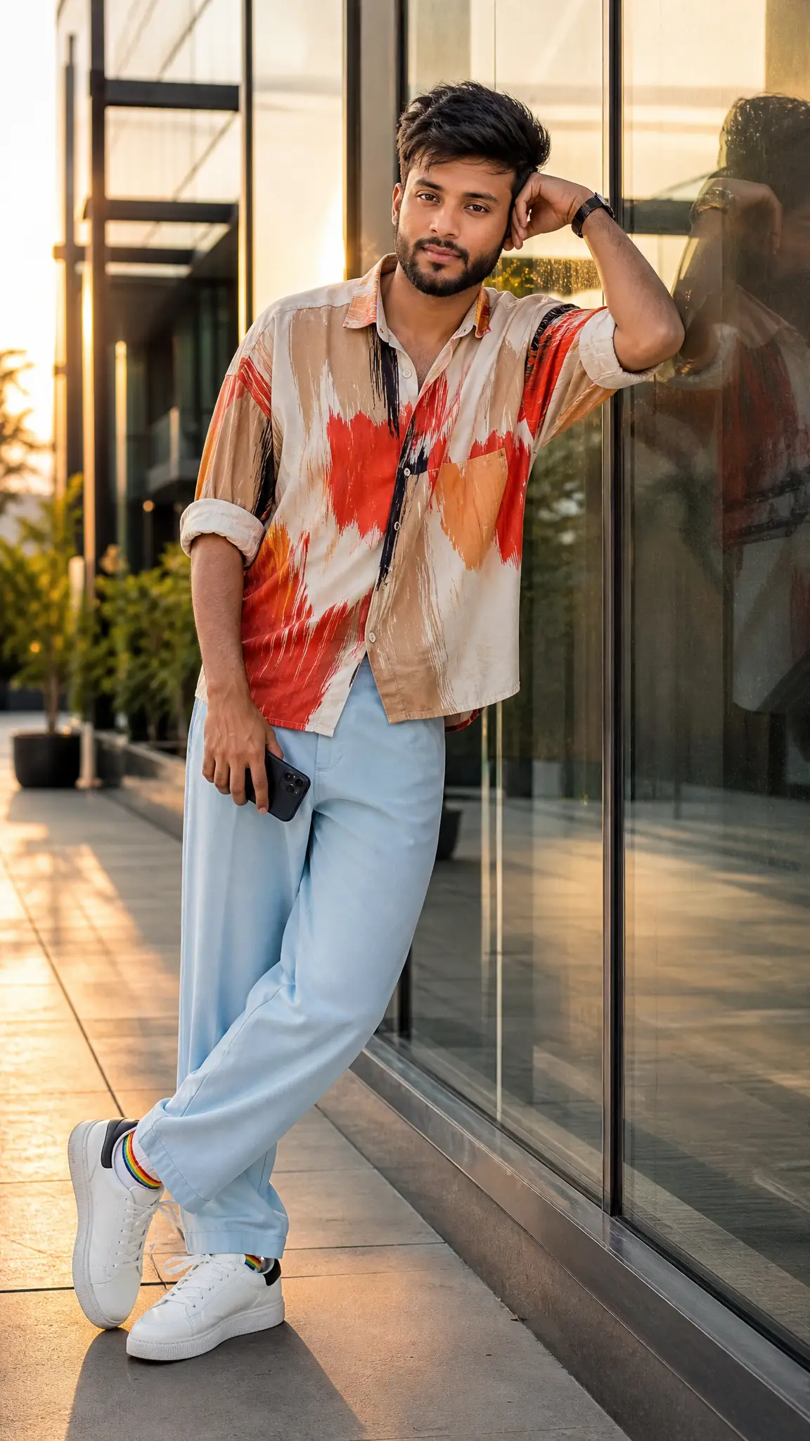 Stylish young man leaning on glass building at sunset