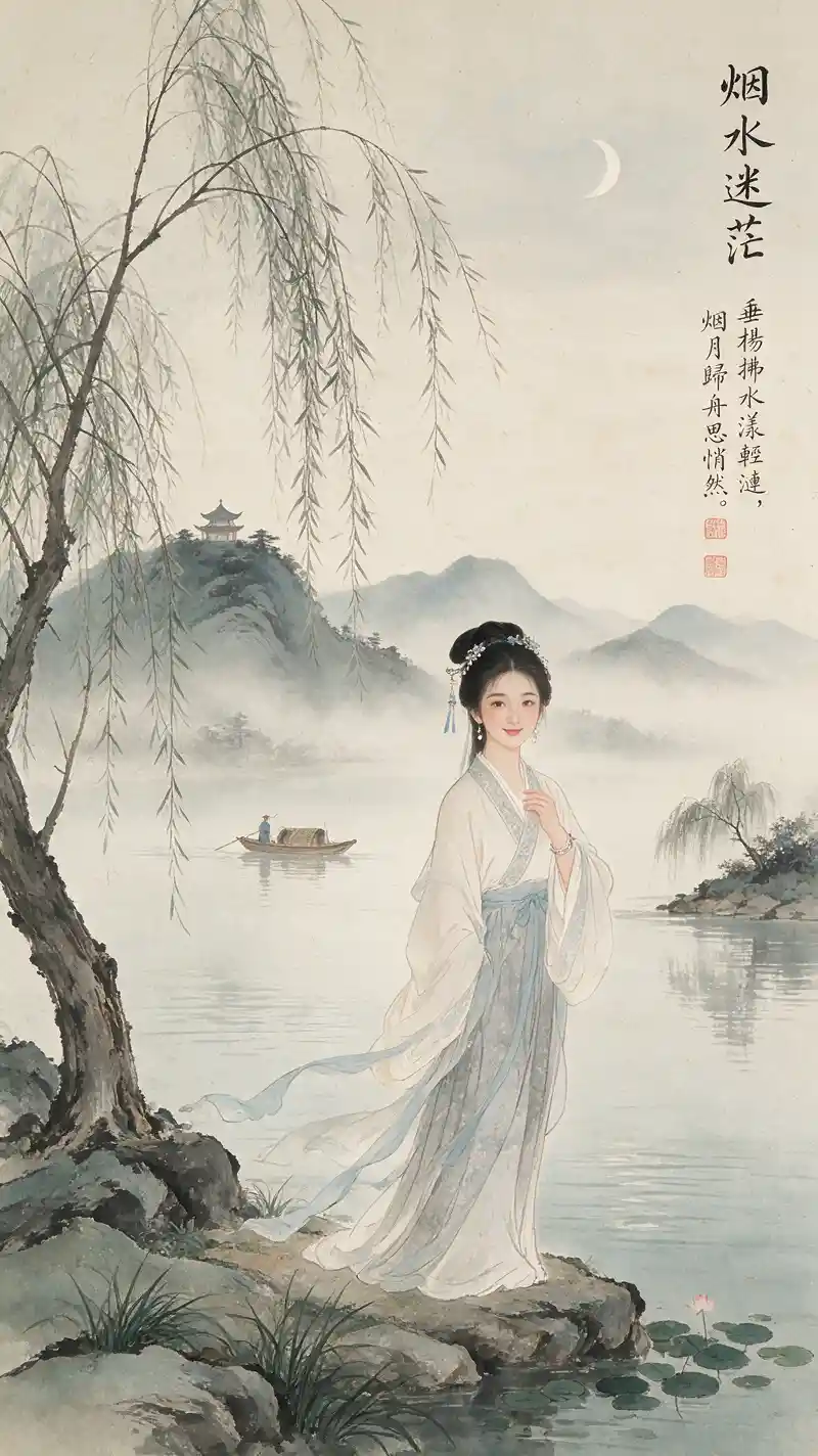 Femme en hanfu flottant dans un paysage d’encre serein