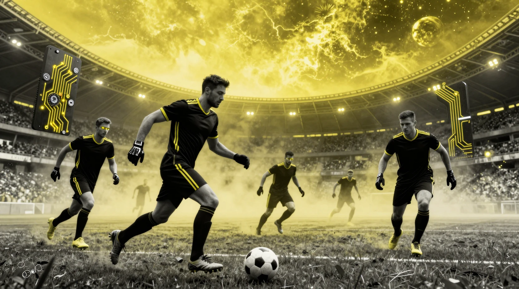 Futuristic soccer players in neon armor under yellow sky