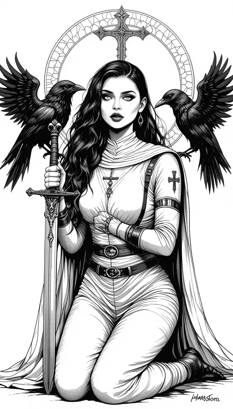カラスと共に祈りを捧げるゴシック戦士修道女