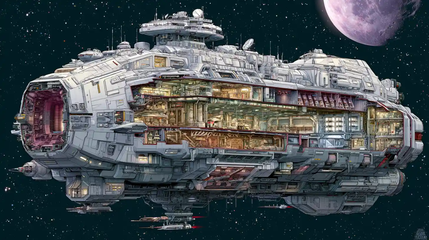 Seção transversal em corte de uma gigantesca nave espacial multideck