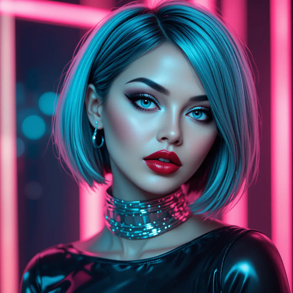 Portrait néon futuriste d’une femme aux cheveux carrés bleu sarcelle