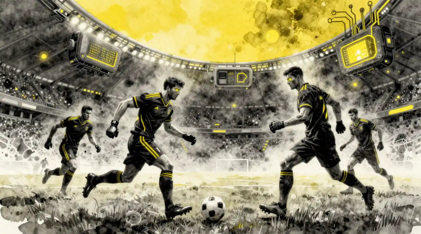 Jogadores de futebol futuristas em um estádio de ficção científica brilhante