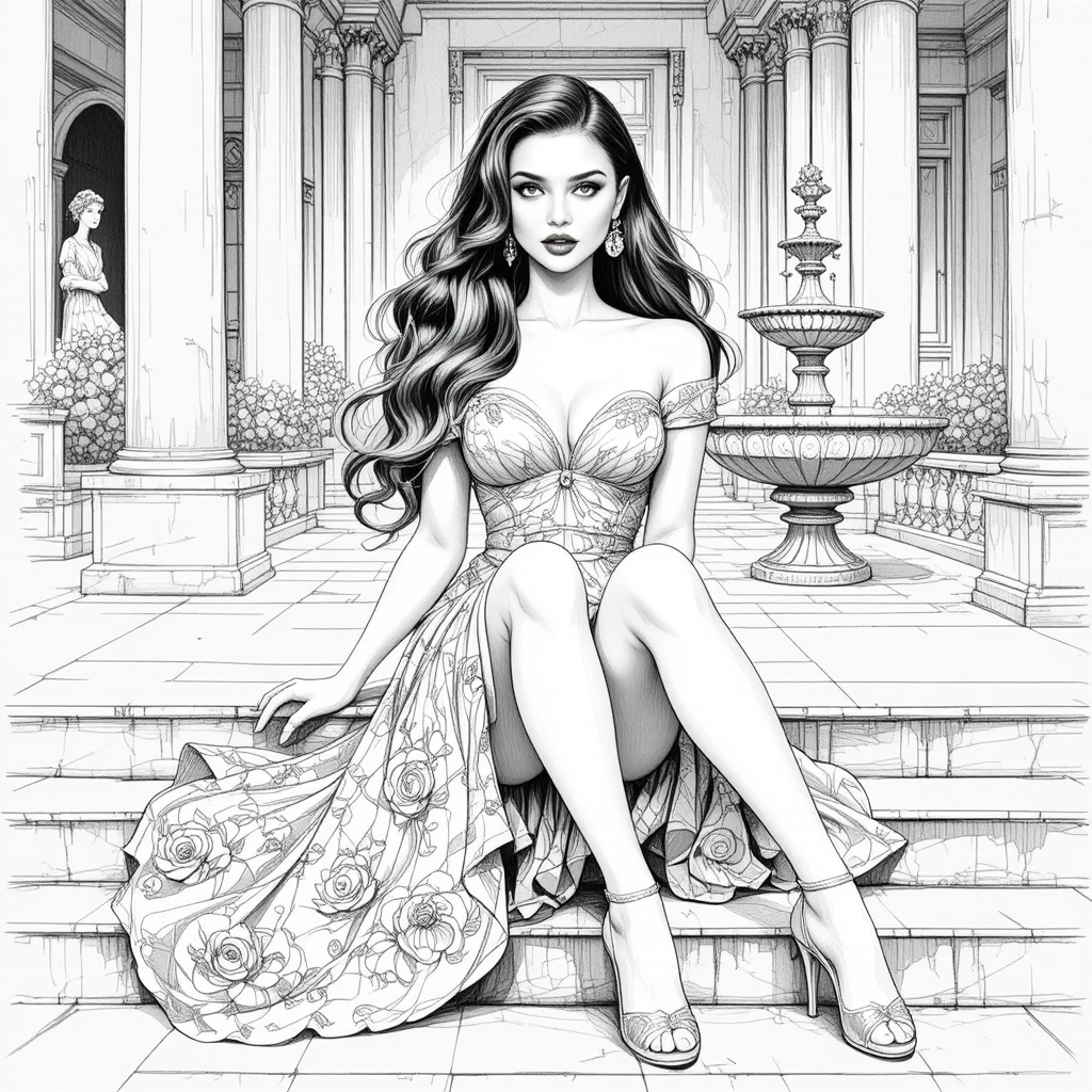 Elegant pencil sketch of a woman on mansion steps