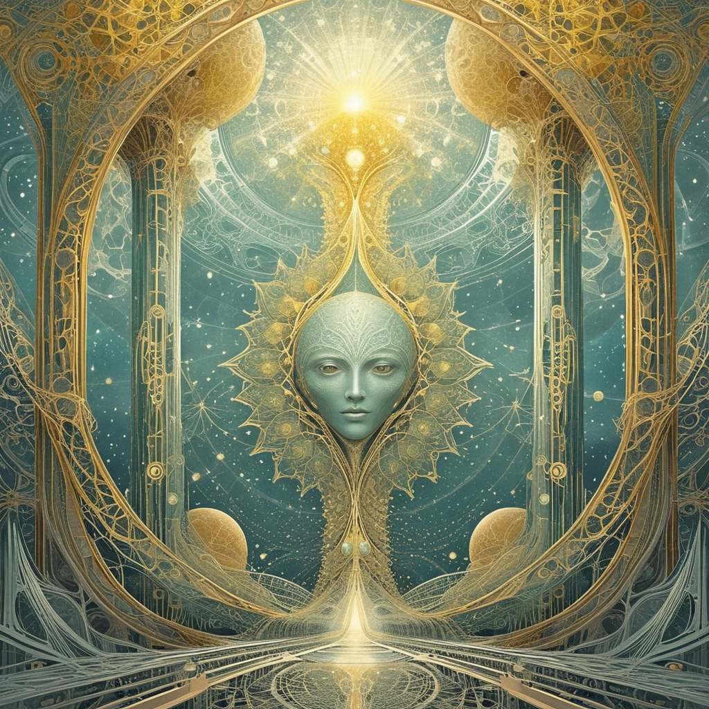 Goldene fraktale Wandteppichlandschaft ätherischer Existenz und Wunder