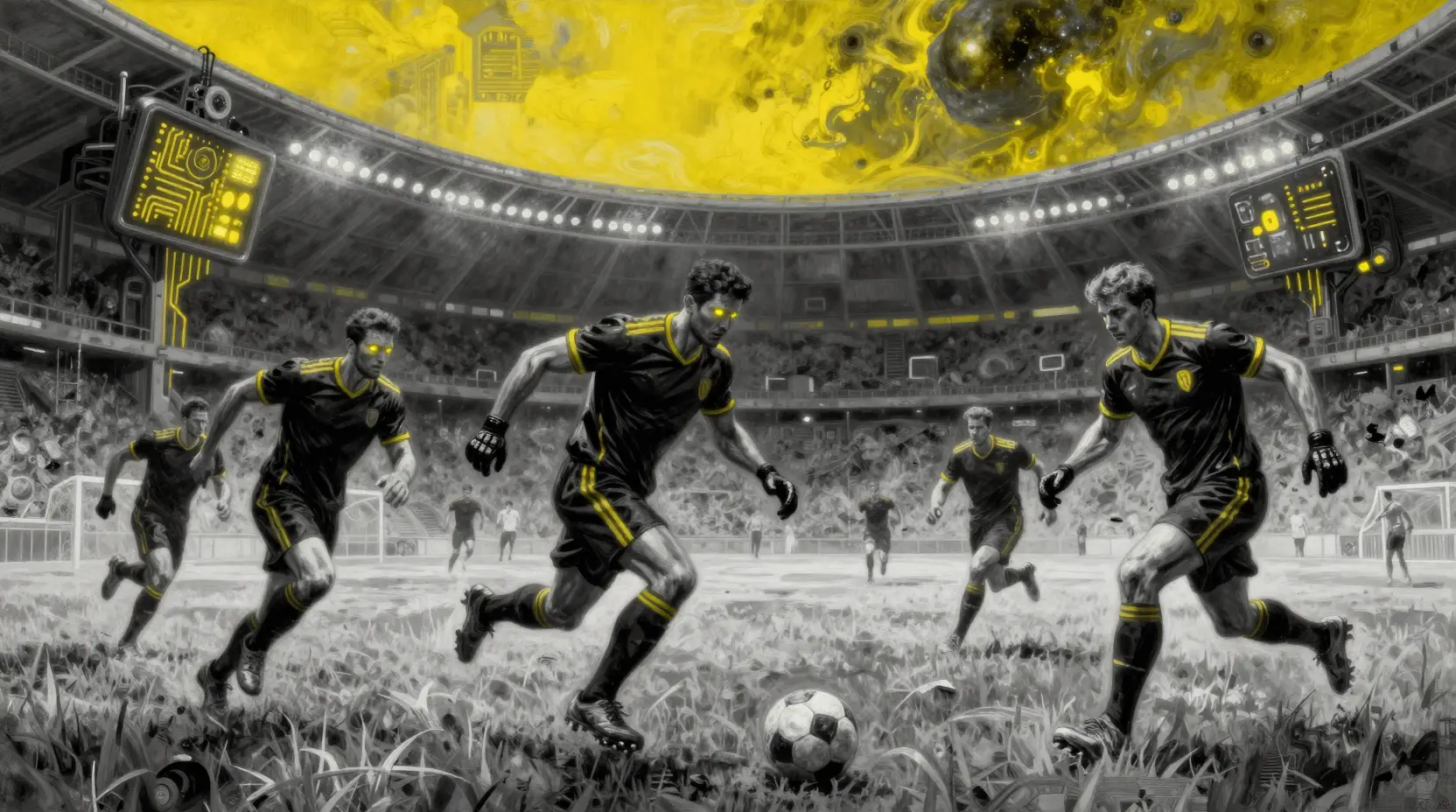Futuristic sci fi soccer players in neon armor