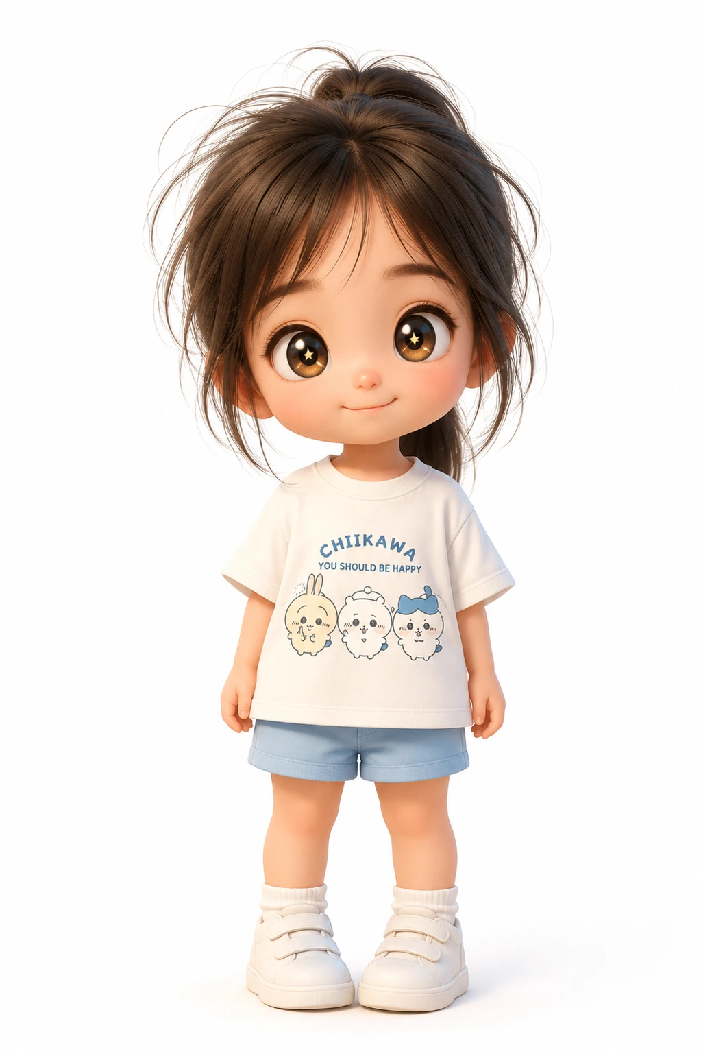 Chica chibi 3D con grandes ojos brillantes sobre fondo blanco