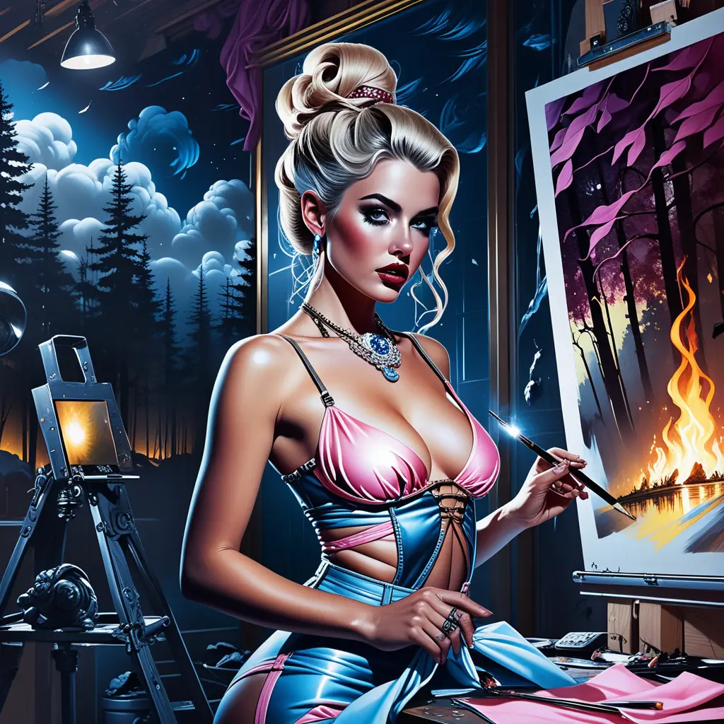 Blonde woman painting a forest fire in neon studio