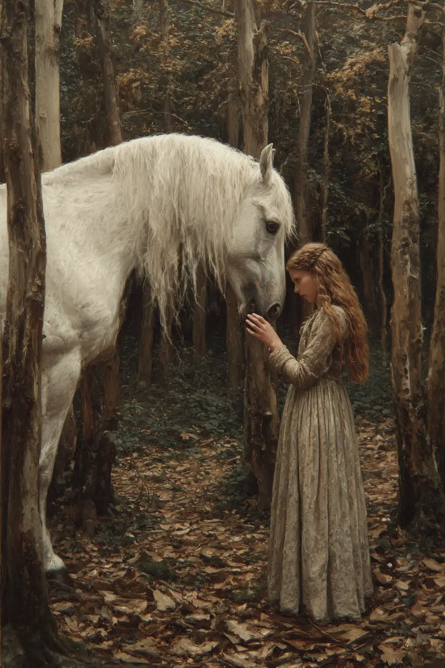 Young woman reaching out to a white horse in forest