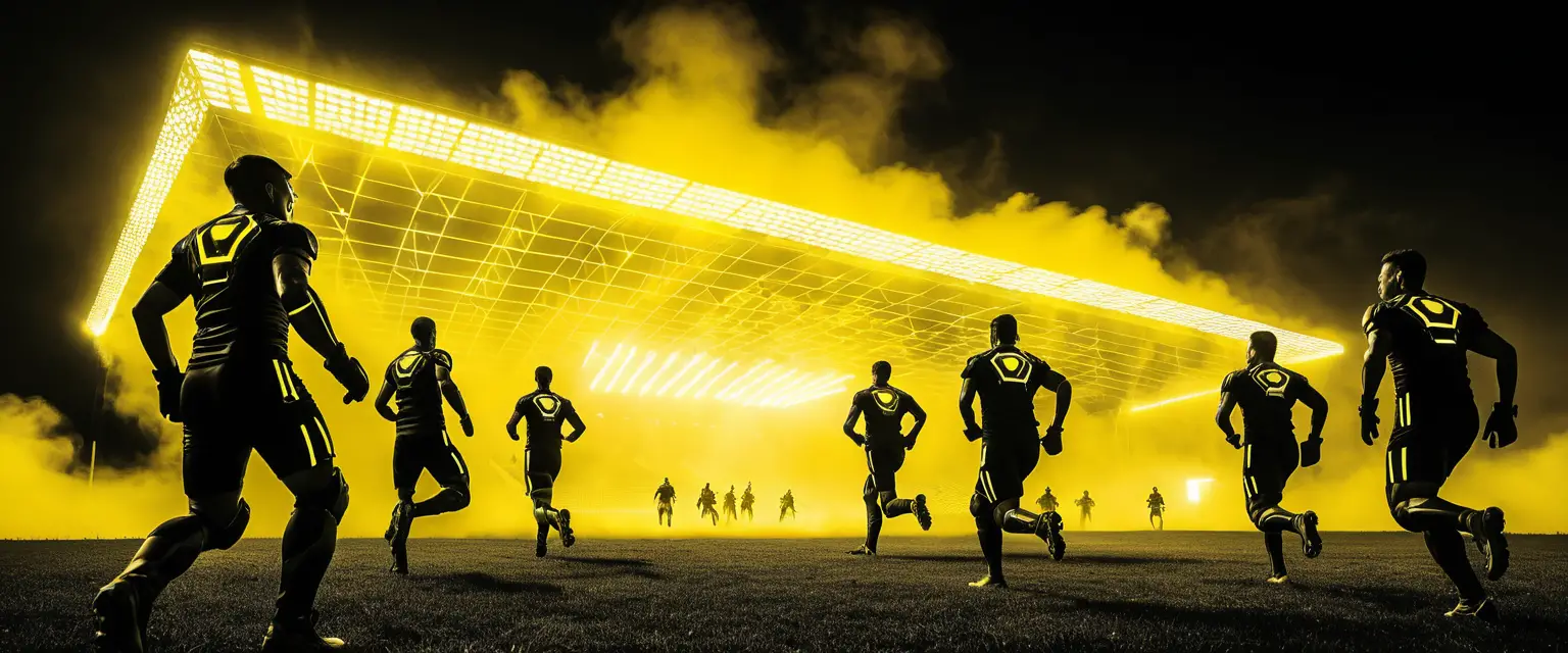 Futuristic sci fi soccer players in a glowing stadium