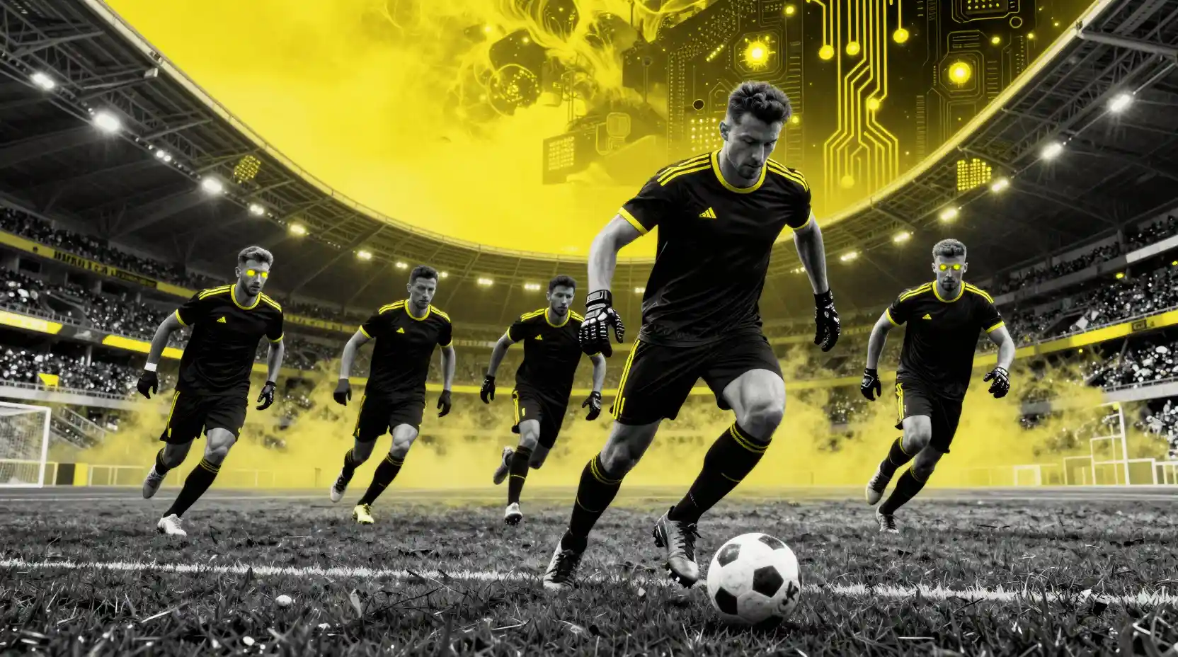 Jogadores de futebol futuristas em armaduras de néon correm pelo gramado do estádio