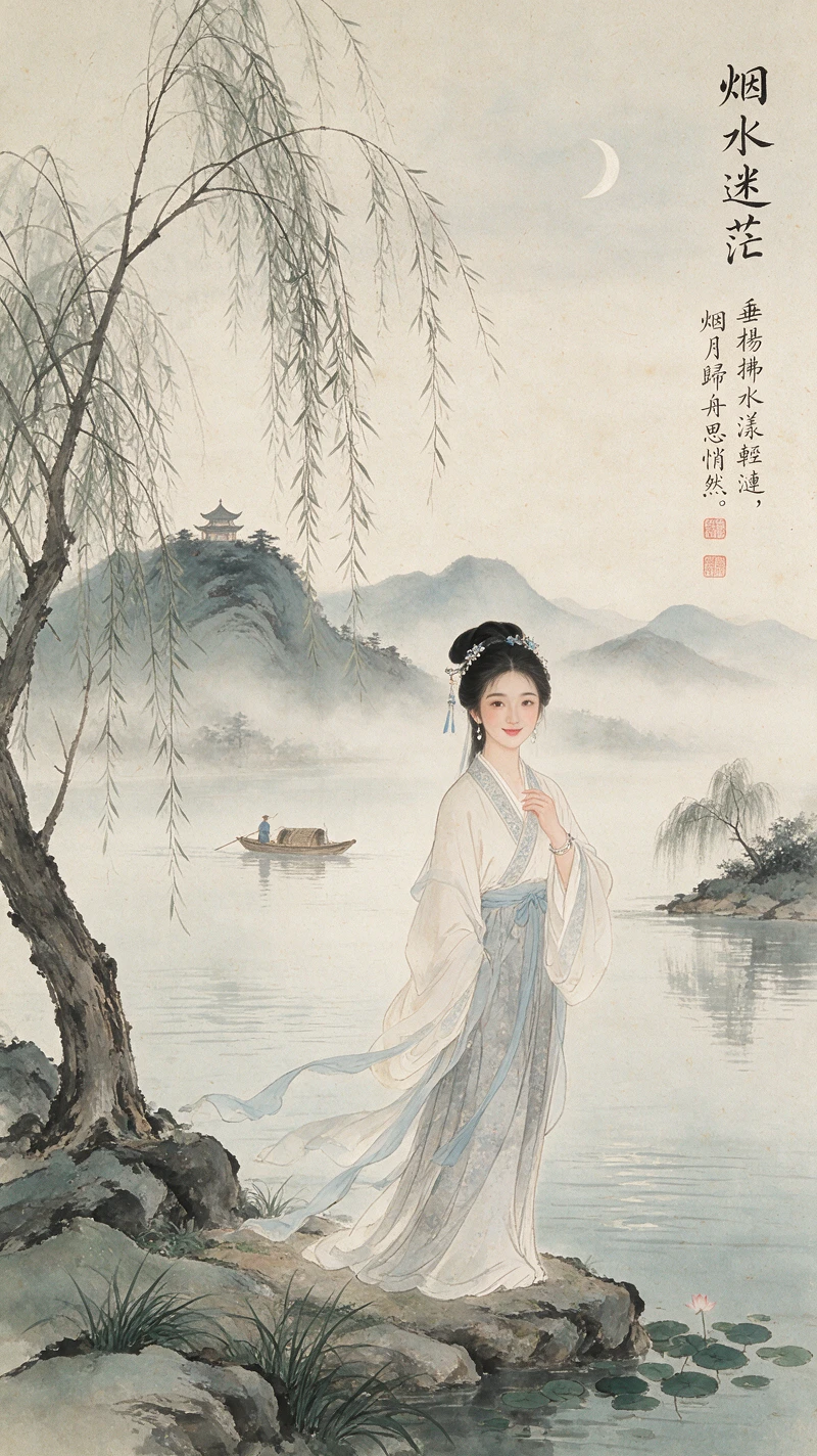 Frau im wehenden Hanfu in ruhiger Tuschlandschaft