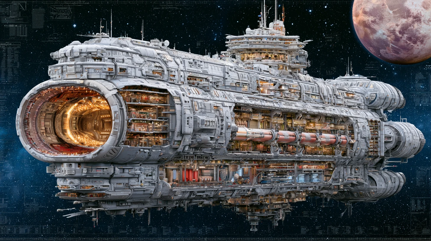 Seção transversal em corte de uma nave espacial gigantesca em diagrama de engenharia