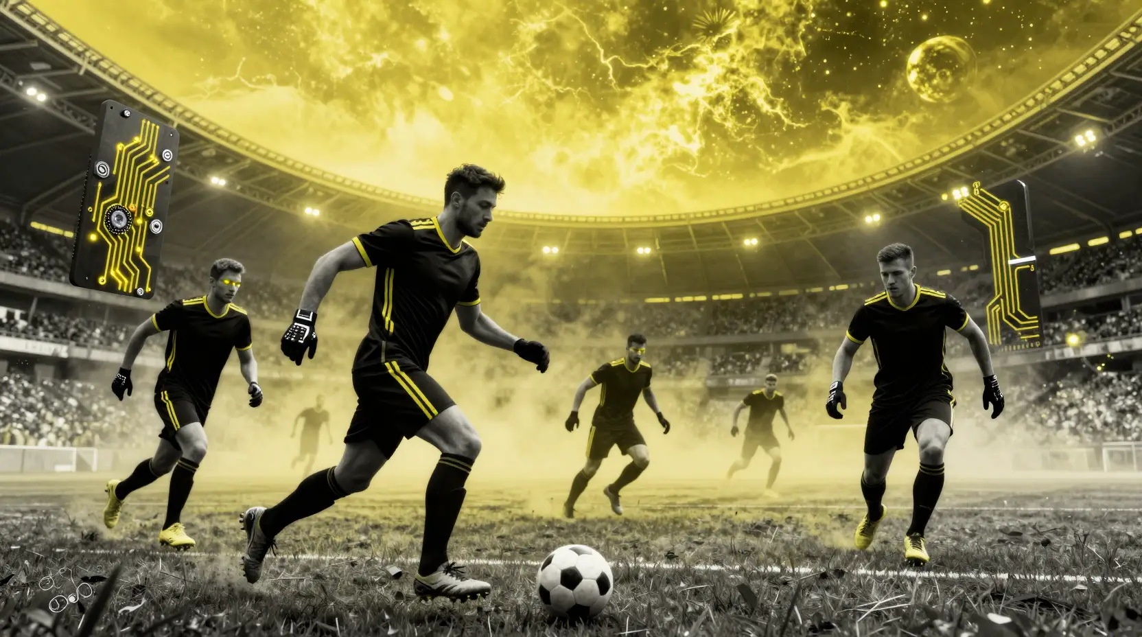 Futuristic soccer players in neon armor under yellow sky