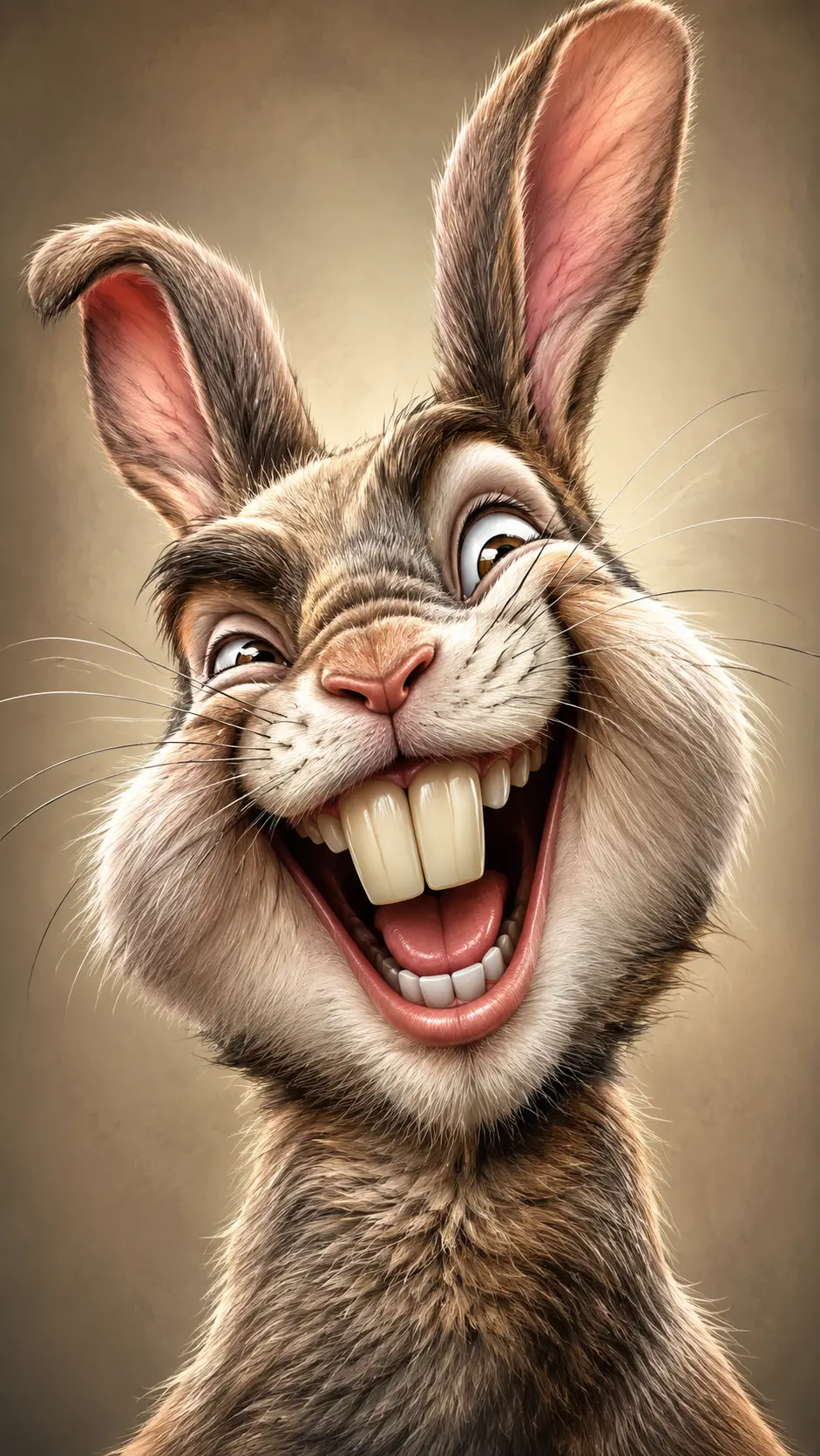 Laughing rabbit editorial caricature close up portrait illustration