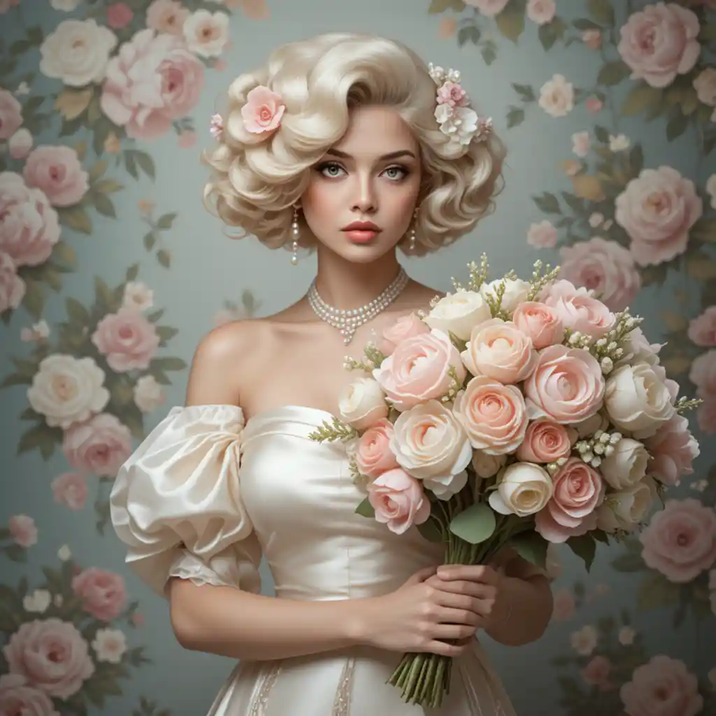 Mujer rubia elegante con vestido de satén y ramo de flores