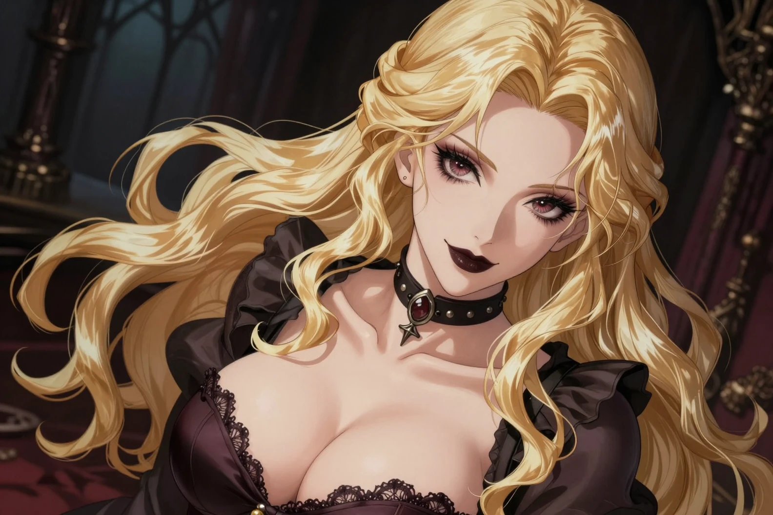 Mulher gótica de anime com cabelo loiro longo e gargantilha