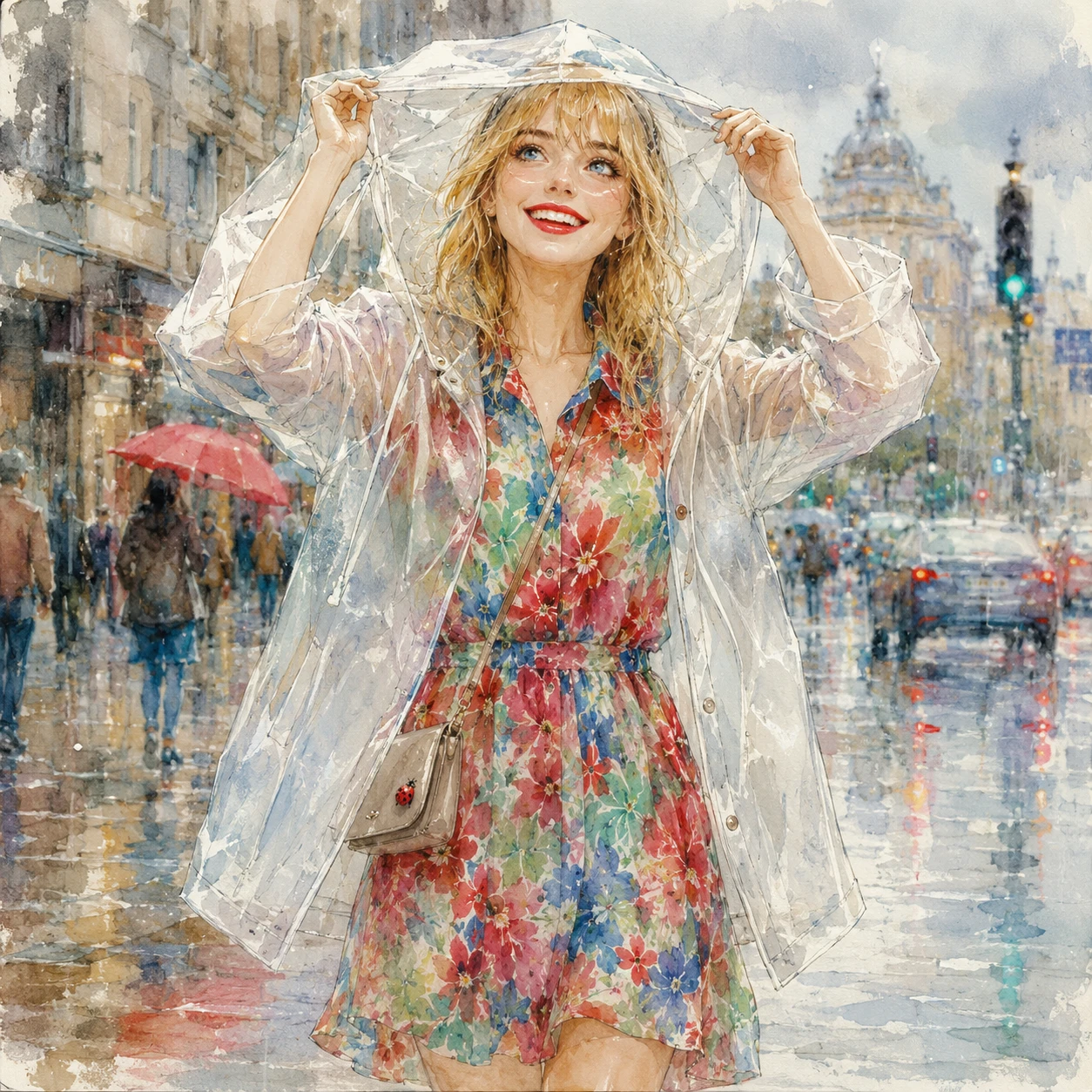 Jovem garota loira de capa de chuva em uma rua urbana chuvosa