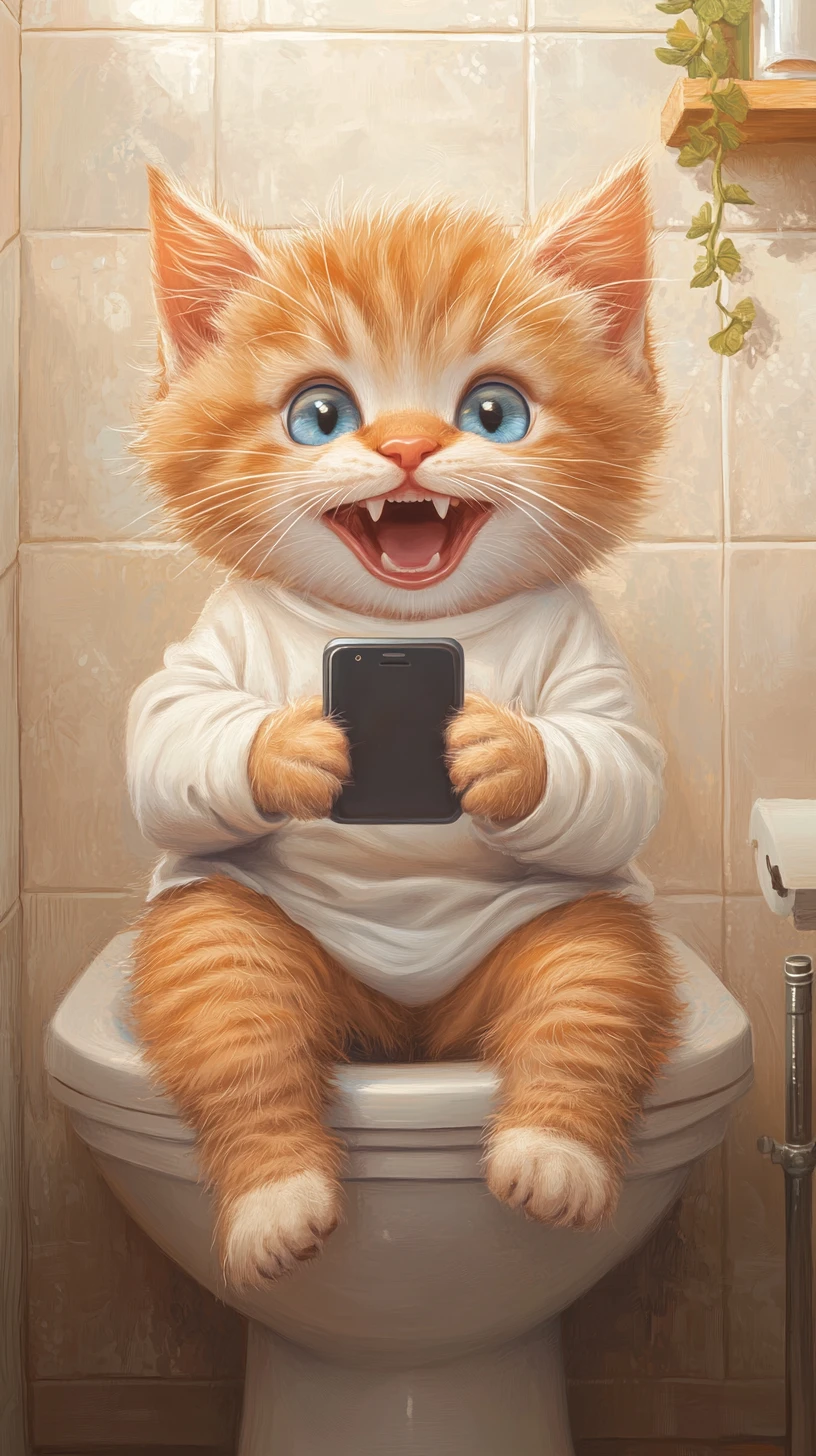 Süßes orangefarbenes Tabby-Kätzchen nutzt die Toilette mit Handy