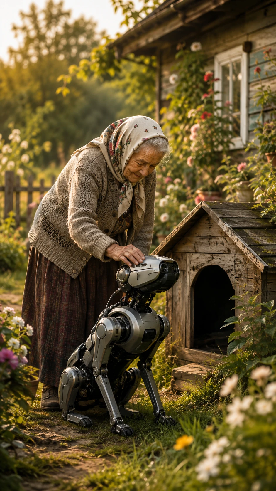 Elderly woman petting a robotic dog in rural yard