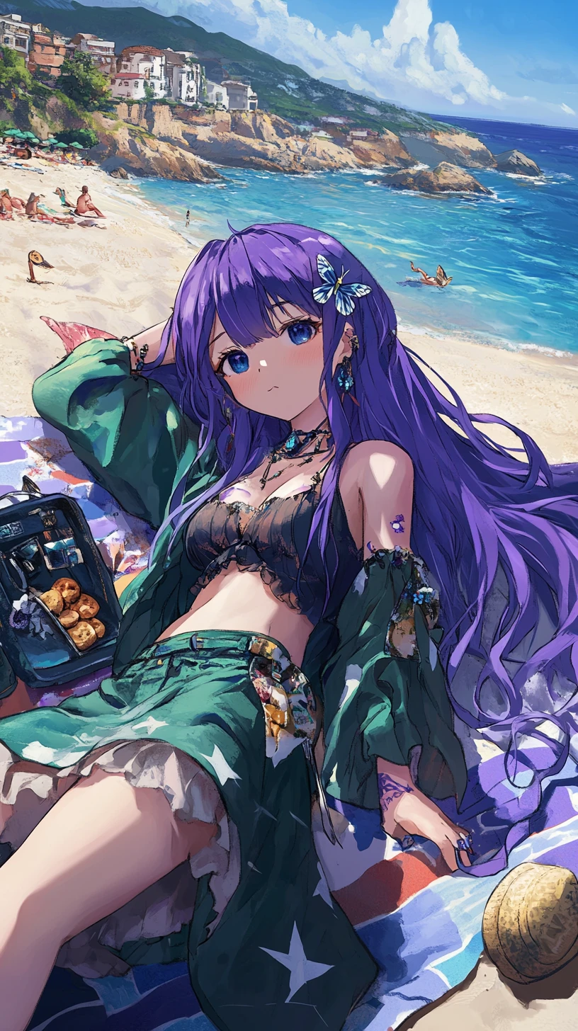 Anime-Mädchen entspannt auf einem bunten Handtuch am Strand