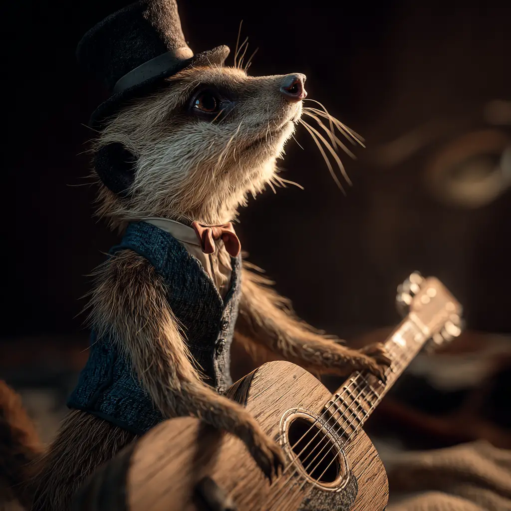 Dapper meerkat in waistcoat balancing on antique guitar